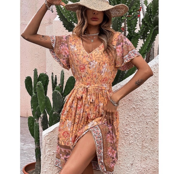 Boho Orange Floral Print Butterfly Sleeve Dress - Picture 5 of 6